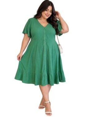 Green Button-Front Short Sleeve Dress 3XL Loose Fit Flowy Hem Women’s Casual